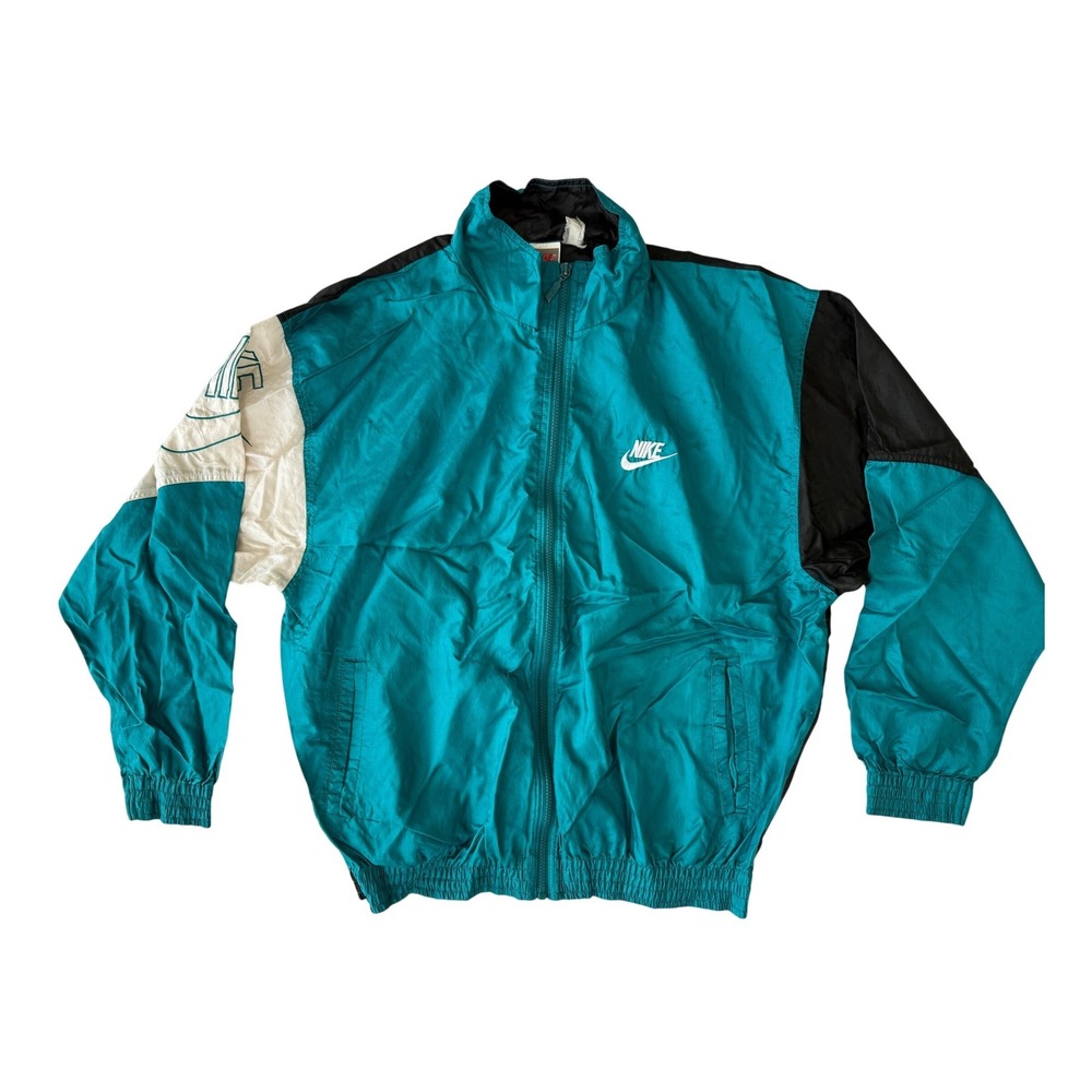 Nike Mens Vintage 90s Track Jacket L Teal Black Colorblock Windbreaker Outdoor